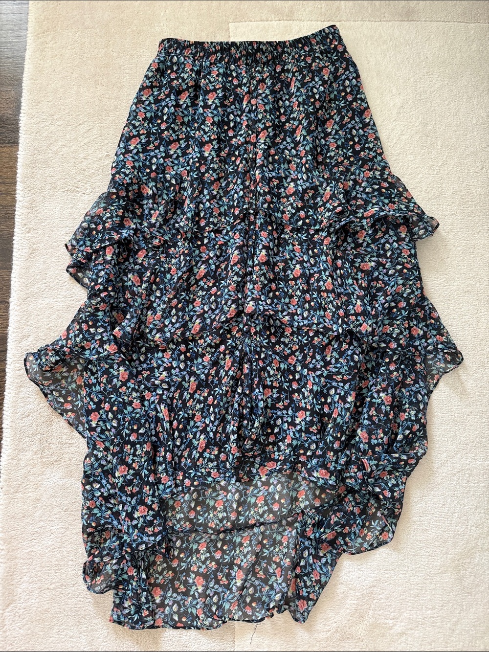 Floral Ruffle Tiered High-Low Skirt - Black with Pink & Blue Flowers